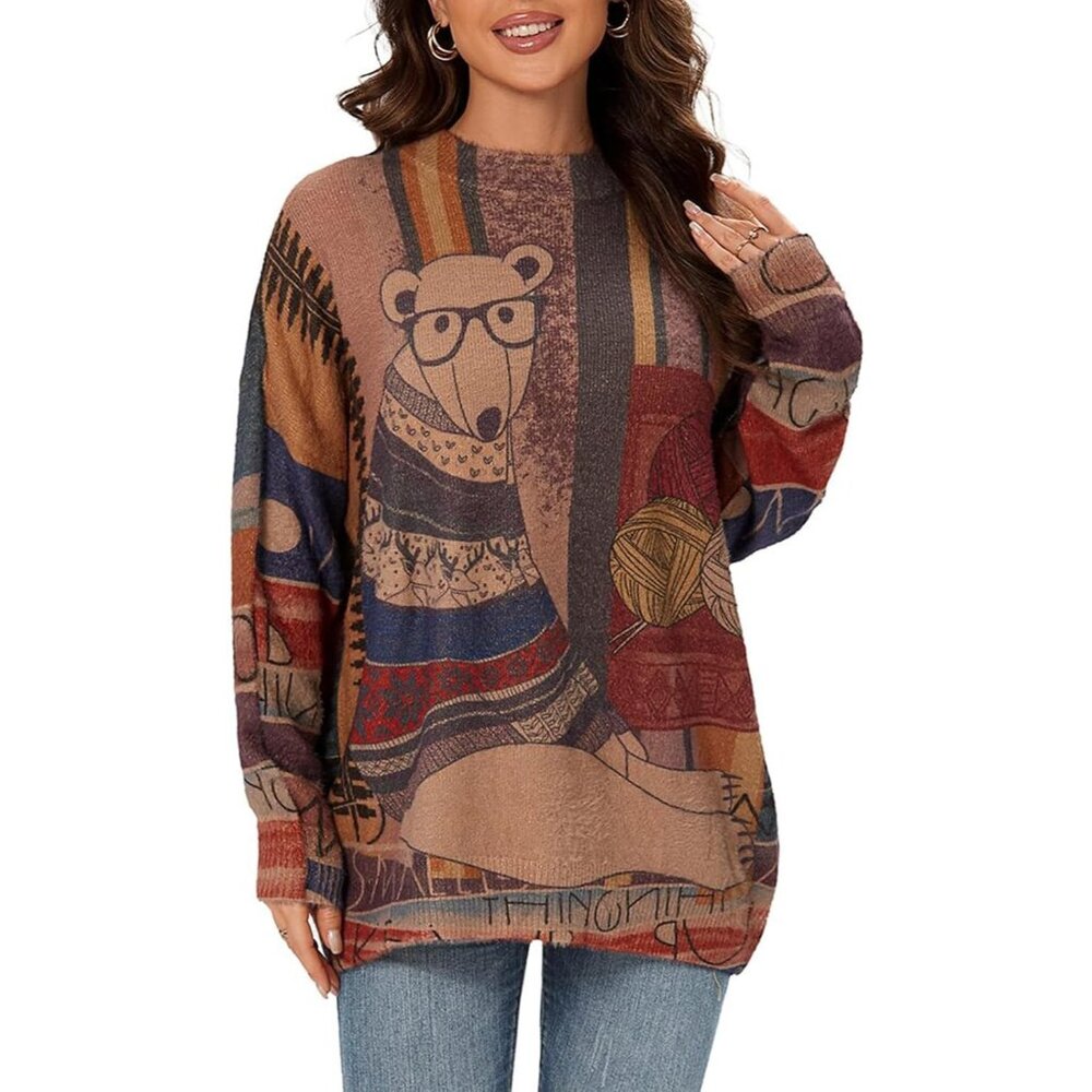 Graphic Oversized Pullover Loose Long Sleeve Knit Christmas Sweater for Women's